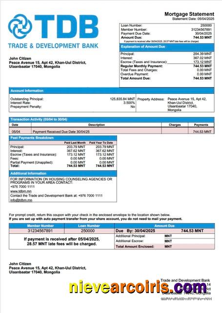Mongolia Trade and Development Bank mortgage statement Word and PDF template
